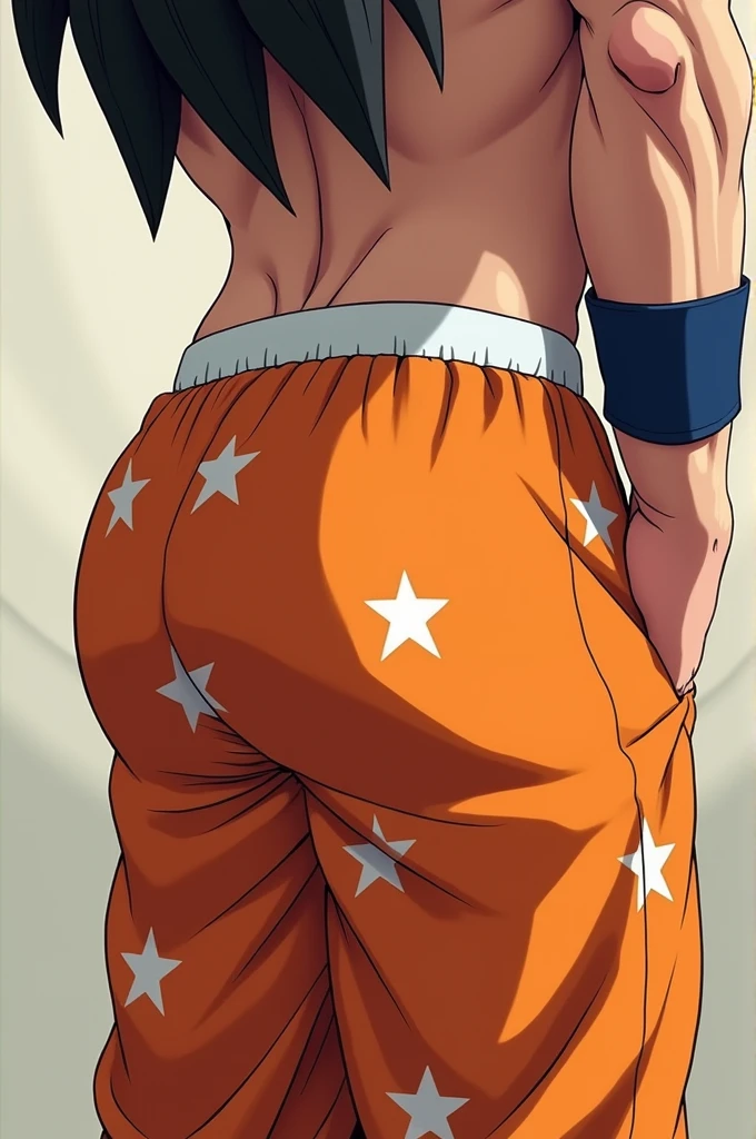 Goku showing his ass and in orange underwear with white elastic and white star print 
