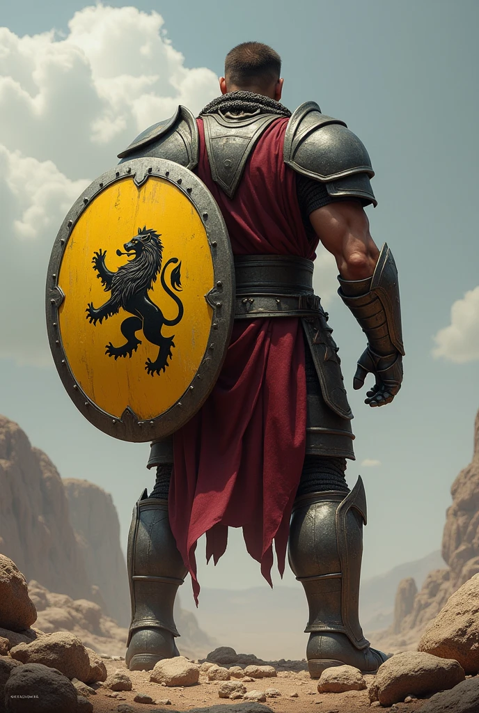 Warrior from behind with yellow shield with a lion in the center
