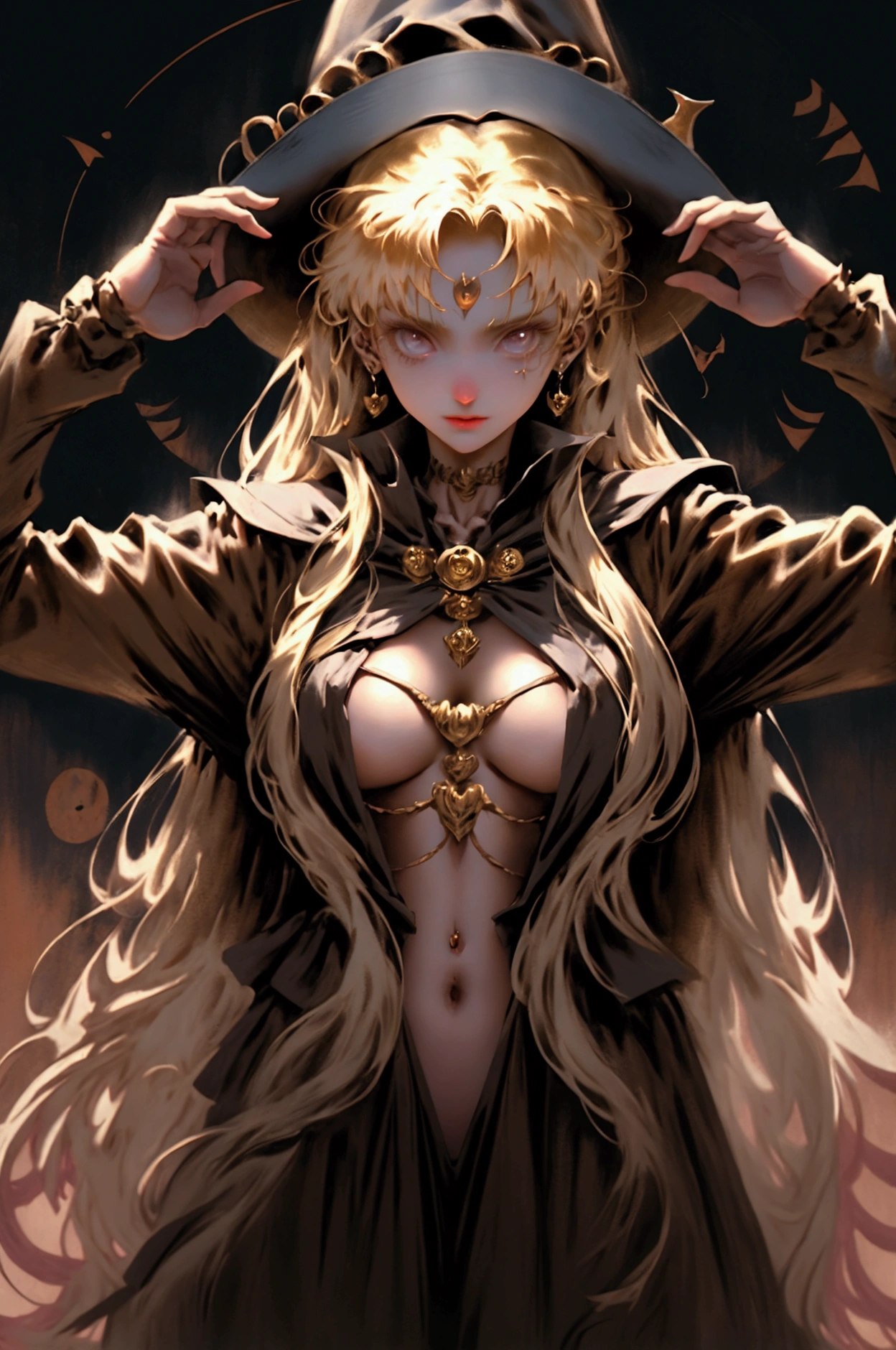 Anastasia had long blonde hair, deep blue eyes that reflected her intelligence and determination. She had fair skin, a voluptuous body, and an upright posture that conveyed confidence. Realistic photo. Anastasia always wore a necklace with a pendant that belonged to her mother, symbolizing her commitment to fighting tyranny. She had large breasts, a slender waist, and was entirely nude, with medium-sized breasts. The background is a white room with clear details of the wallpaper.