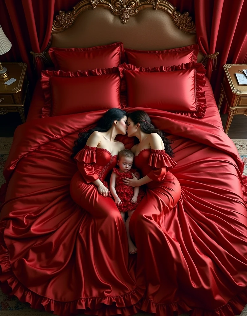highest quality, masterpiece, highest resolution, artwork, super それにget used to it, many get used to it, get used to it, それにget used to it,((top view angle shows entire crimson satin silk mattress)),love,romantic,three persons,two woman with jewellry kissing each of their partners and their daughter lying down between them,((crimson satin elegant dresses with a large and long skirt surrounding and covering the mattress like a satin blanket)),crimson satin evening dresses,((Gorgeous goddess rococo robe satin dress with voluminous full-length hoop skirt)),long sleeve,long dress,A dress with full silk fabric...,luxury,((Palace full crimson satin bedroom)),((big and long crimson satin bed)),Frilled silk crimson bedspread,many pillows on the bed,satin pillow with frills,((Two women kissed each other while lying wrapped their daughter in crimson satin dresses on the big and long size bed)),luxurious ruffled crimson curtains