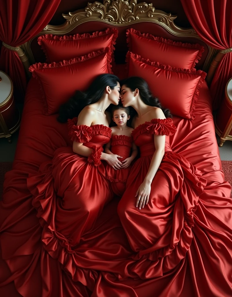 highest quality, masterpiece, highest resolution, artwork, super それにget used to it, many get used to it, get used to it, それにget used to it,((top view angle shows entire crimson satin silk mattress)),love,romantic,three persons,two woman with jewellry kissing each of their partners and their daughter lying down between them,((crimson satin elegant dresses with a large and long skirt surrounding and covering the mattress like a satin blanket)),crimson satin evening dresses,((Gorgeous goddess rococo robe satin dress with voluminous full-length hoop skirt)),long sleeve,long dress,A dress with full silk fabric...,luxury,((Palace full crimson satin bedroom)),((big and long crimson satin bed)),Frilled silk crimson bedspread,many pillows on the bed,satin pillow with frills,((Two women kissed each other while lying wrapped their daughter in crimson satin dresses on the big and long size bed)),luxurious ruffled crimson curtains