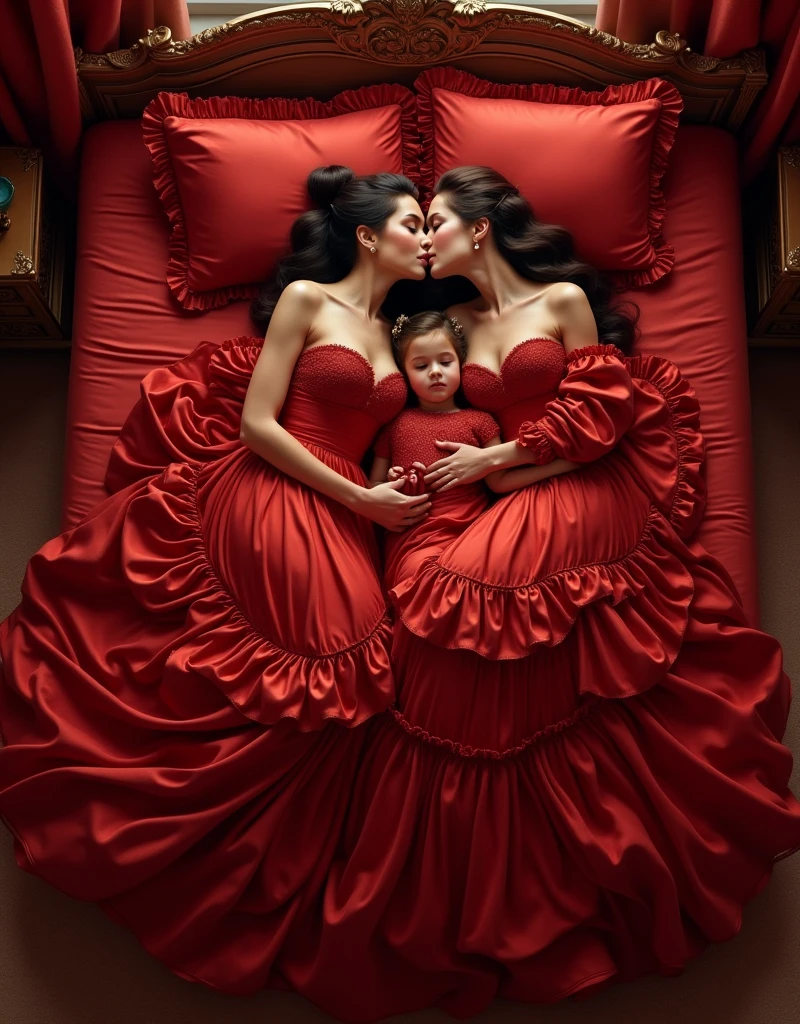 highest quality, masterpiece, highest resolution, artwork, super それにget used to it, many get used to it, get used to it, それにget used to it,((top view angle shows entire crimson satin silk mattress)),love,romantic,three persons,two woman with jewellry kissing each of their partners and their daughter lying down between them,((crimson satin elegant dresses with a large and long skirt surrounding and covering the mattress like a satin blanket)),crimson satin evening dresses,((Gorgeous goddess rococo robe satin dress with voluminous full-length hoop skirt)),long sleeve,long dress,A dress with full silk fabric...,luxury,((Palace full crimson satin bedroom)),((big and long crimson satin bed)),Frilled silk crimson bedspread,many pillows on the bed,satin pillow with frills,((Two women kissed each other while lying wrapped their daughter in crimson satin dresses on the big and long size bed)),luxurious ruffled crimson curtains