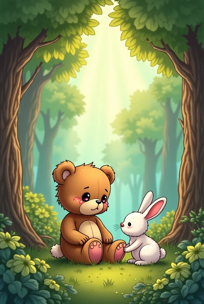 Create a cartoon of a crying teddy bear in the forest, and a white rabbit