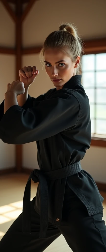 Dynamic pose, ((karate chop attack ), Side view , Full- body, beautiful Russian woman, 30 age, (blond hair, short pony tail , Gray eyes, Beautiful Lips,, serious), (middle Breasts, middle Hips) ,((Karate clothes, Karate underwear, Black obi)), (White underwear), At the Karate Dojo, Standing on tatami mat, Textured skin ((Surrealism, Fujicolor, Fujifilm, UHD, retina, masterpiece, accurate, anatomically correct, textured skin, super detail, high details, high quality, best quality, 8k))