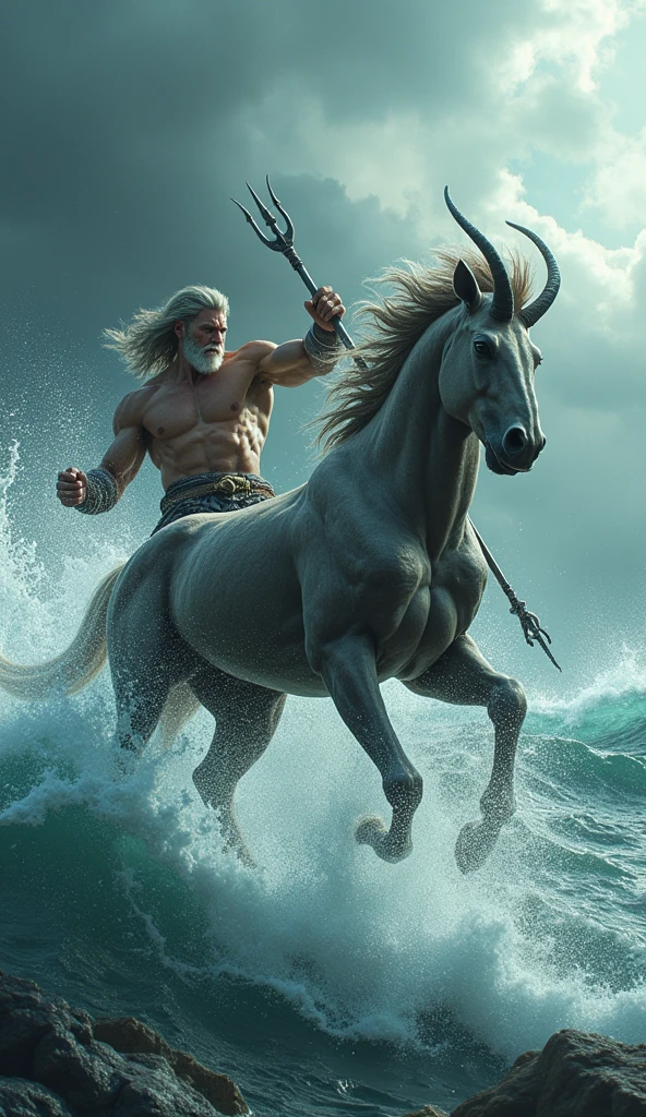 a fierce battle between a centaur and poseidon, detailed muscular centaur body, detailed ocean god poseidon with trident, dynamic action pose, raging sea, crashing waves, dramatic lighting, epic fantasy art, cinematic composition, highly detailed, 8k, photorealistic, masterpiece