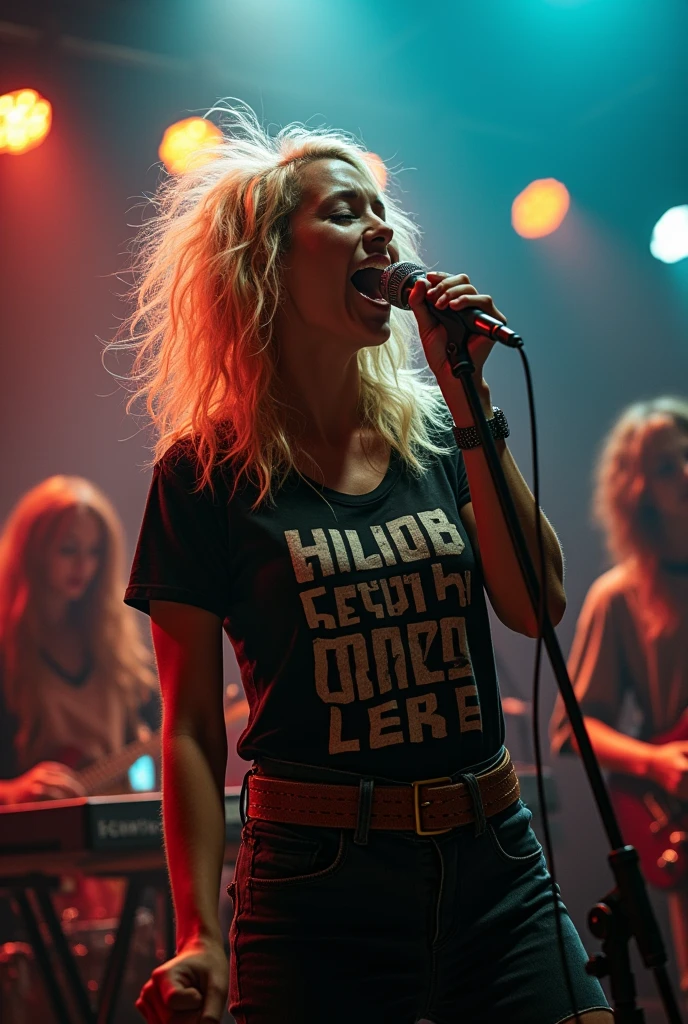 (good quality, : 1.3), hebrew female singer, in pants, singing techno rock, yelling: 1, lights: 1.5, hair stuck, hair blonde: 1.3, (holding microphone: 1.2), Shirt with Echo Grace written on it, comely, rot, Face ultra detailed, band playing keyboard and drums in the back detailed, praising God, feeling the presence of God.