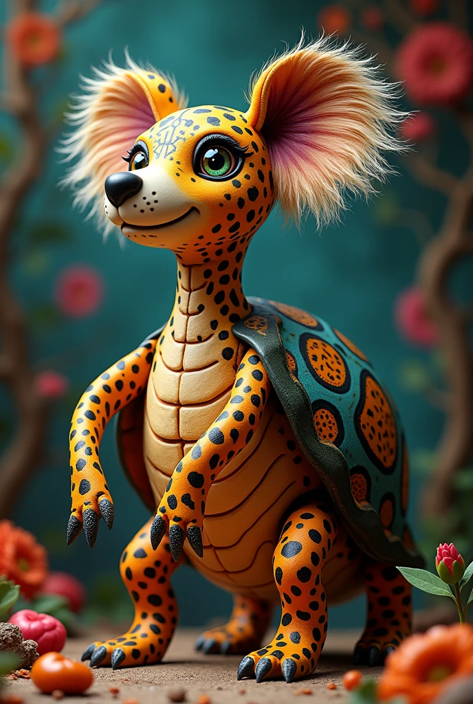 Make an alebrije with the following characteristics, turtle shell, leopard spots, dog head and koala arms, remember the dog face and koala arms