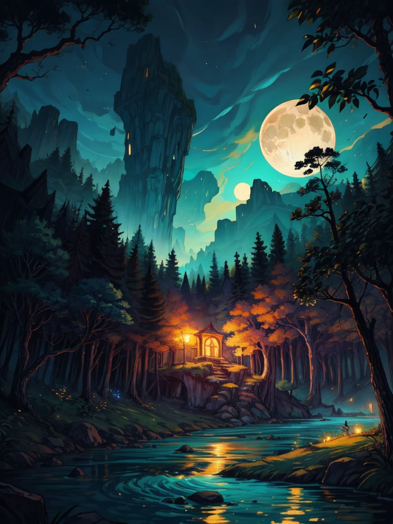 wide view, Sprawling emerald forest teems with bioluminescent flora, casting a soft, ethereal glow, Crystal-clear rivers wind through ancient trees, branches are adorned with shimmering, silver leaves, floating islands drift lazily in a sky painted with vibrant hues of twilight, winged creatures soar gracefully between distant, glowing moons, cozy atmosphere, micro landscape, intrinsic details, masterpiece