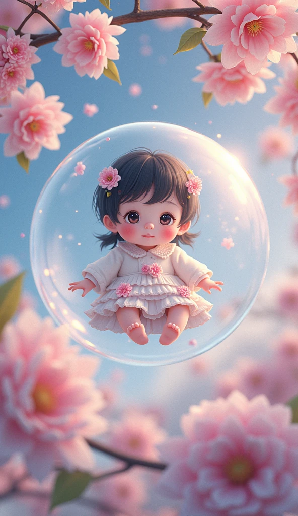 Child floating in a bubble surrounded by pink flowers, child, japanese cartoon style, cute detailed digital art, 中 元 节, 🚿🗝📝, anime wallpaper 4k, anime wallpaper 4 k, anime art wallpaper 4k, anime art wallpaper 4 k, cute digital art, trending anime artwork, anime cover