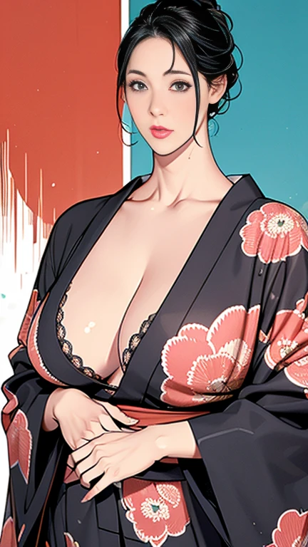 Japanese hairstyle，Photorealism，detailed，masterpiece，mature，((full))， (Broad shoulders), ((Huge))，Plus size mature women，expensive，30 years old，Pretty face, (Plump woman)，Beautiful long-sleeved kimono，off-shoulder kimono，Hold your chest with both hands，high quality，Are standing，High Resolution 4K, Information, giant breasts, sexy, a piece of bra is revealed