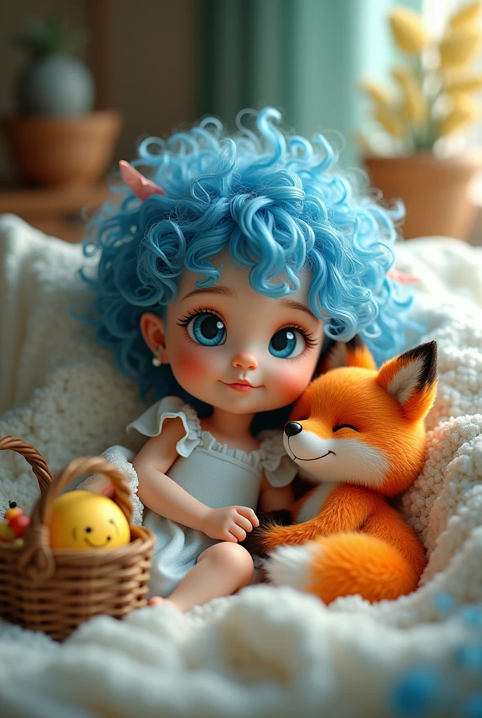 A beautiful baby girl with blue curly hair and blue eyes.
Next to an old basket, there is a smiley face inside.
The orange fox is beautiful.
in a beautiful bed
Style 3D