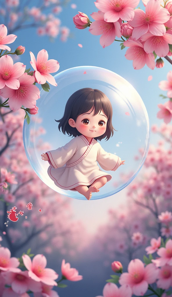 floating in a bubble surrounded by pink flowers, childanese cartoon style, cute detailed digital art, 中 元 节, 🚿🗝📝, anime wallpaper 4k, anime wallpaper 4 k, anime art wallpaper 4k, anime art wallpaper 4 k, cute digital art, trending anime artwork, anime cover