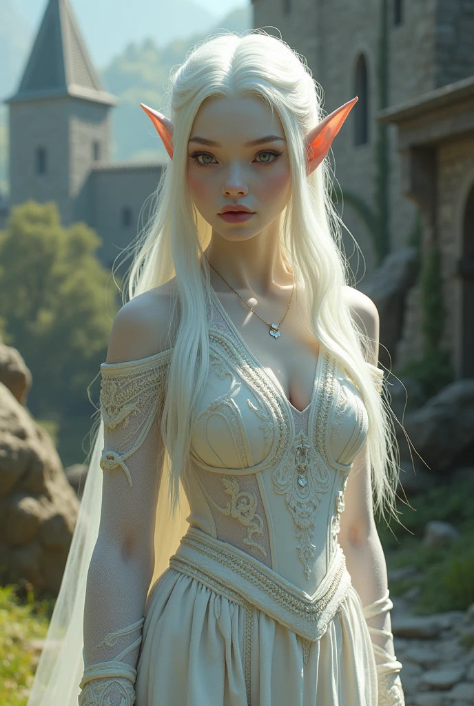 Albino Elf, eye white, white lips, adult, medieval style HD 4K