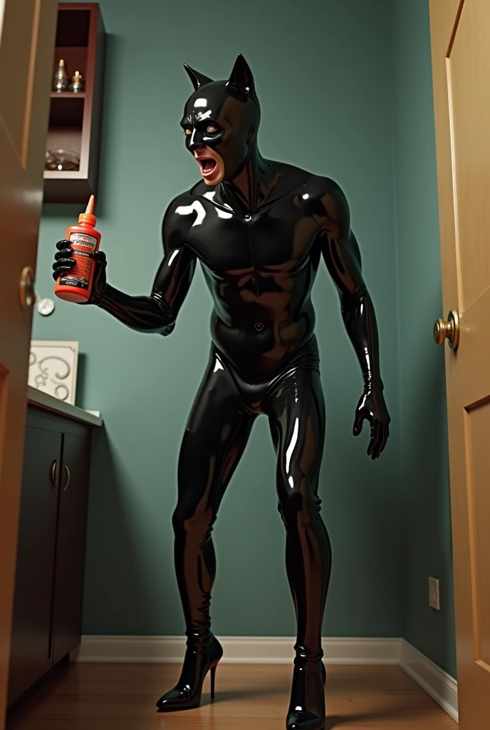 Man dresses like woman wig latex full body catsuit latex gloves high heels holding a bottle of pernament glue in one hand looks at it on horror at home sister laughs at him