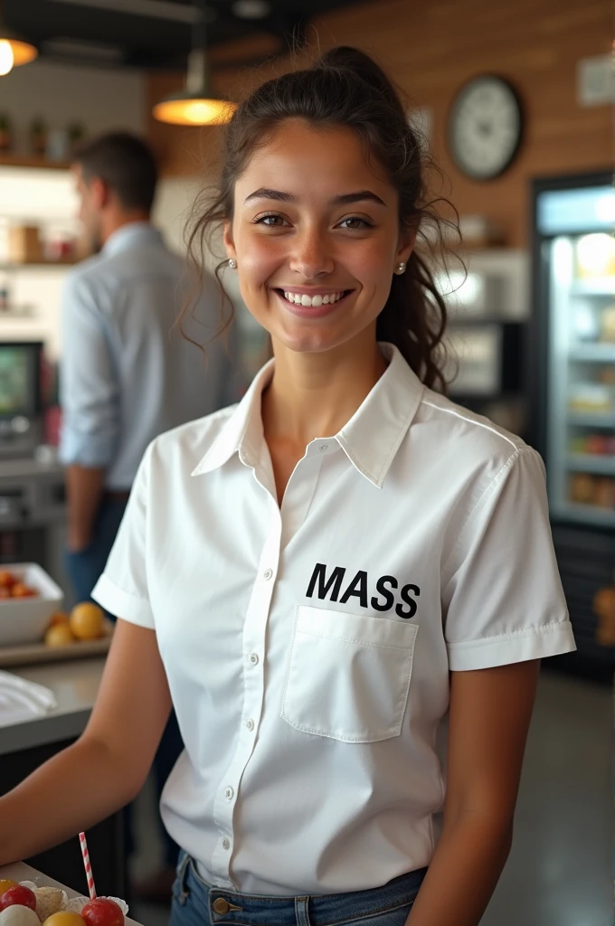 Create a realistic image of a young cashier in a white shirt . That on the chest is written in capital letters : " CRECE MASS"