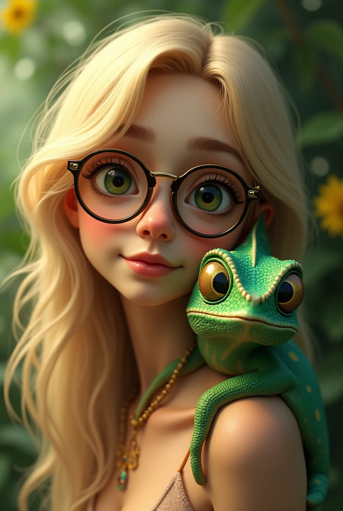 A cute little green chameleon with glasses wrapped around the neck of a blonde woman AI
