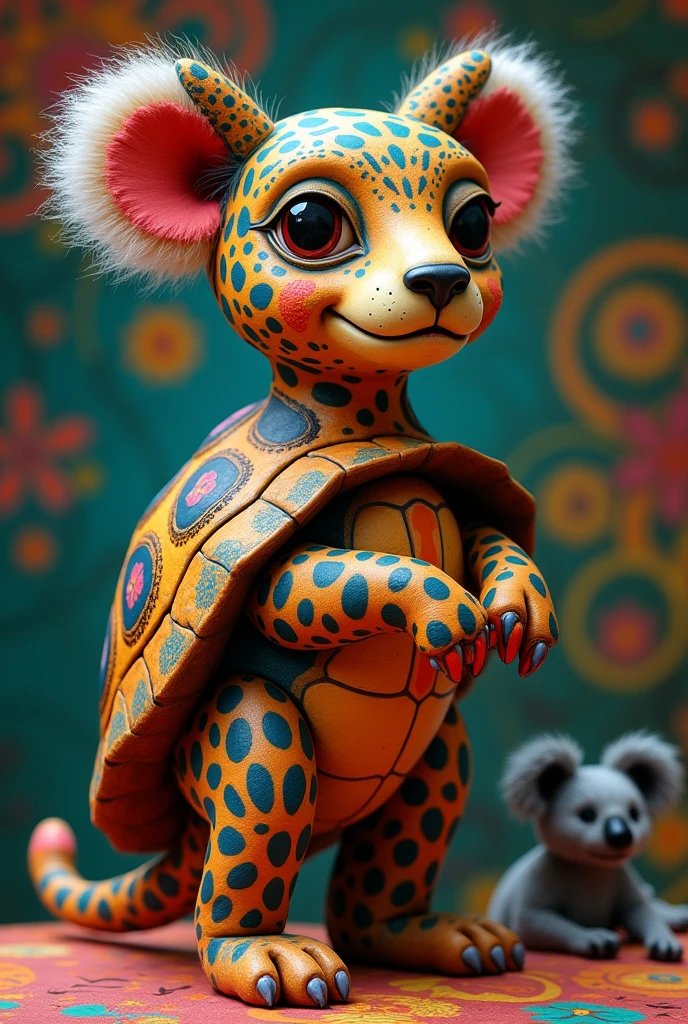 Make an alebrije with the following characteristics, turtle shell, leopard spots, dog head and koala arms, remember the dog face and koala arms