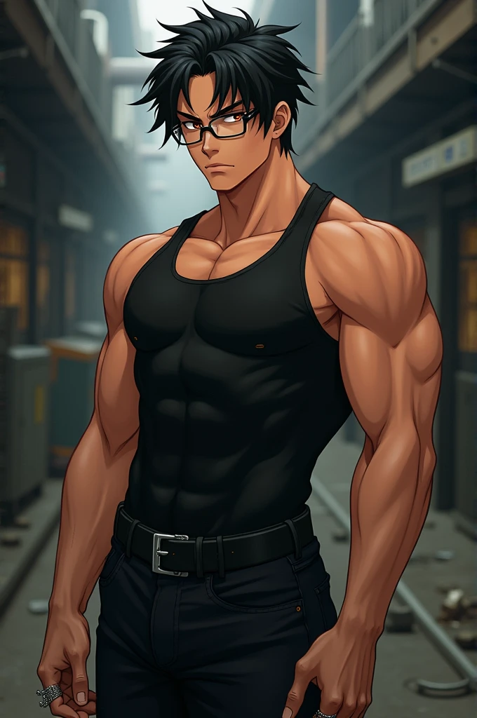 -Anime character -Dark hair -Good physique -Brown skin -Wears glasses -Black tank top -Black pants -Rings on hands