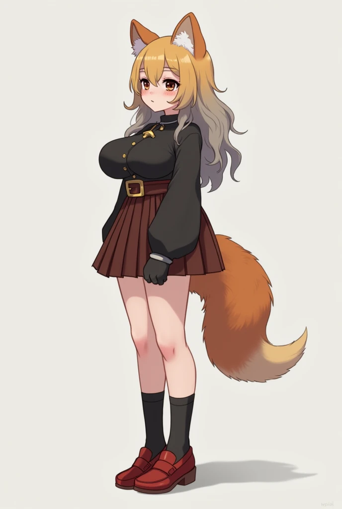 Anthropomorphic Red Panda、Short and big boobs、And the ears are dog ears、Goth mini skirt、The hair is fluffy and long.、Natural waves with blonde on top and gradation to grey on the bottom、She is wearing loose socks and red loafers.、The tail is thick