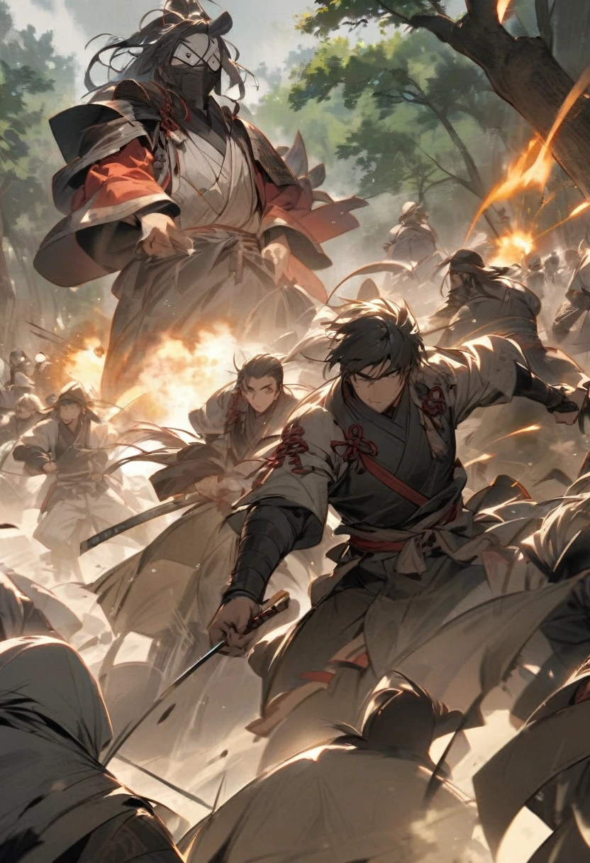 A tense moment in a forested area during the Sengoku period, where a samurai leader carefully orchestrates an ambush. Hidden samurai warriors wait silently among the trees, their eyes fixed on the approaching enemy. At the perfect moment, the one-eyed commander signals the attack, and the hidden forces explode into action, catching the enemy completely by surprise. The leader’s calm and calculating expression is highlighted, as the chaos of the sudden attack unfolds in the background."