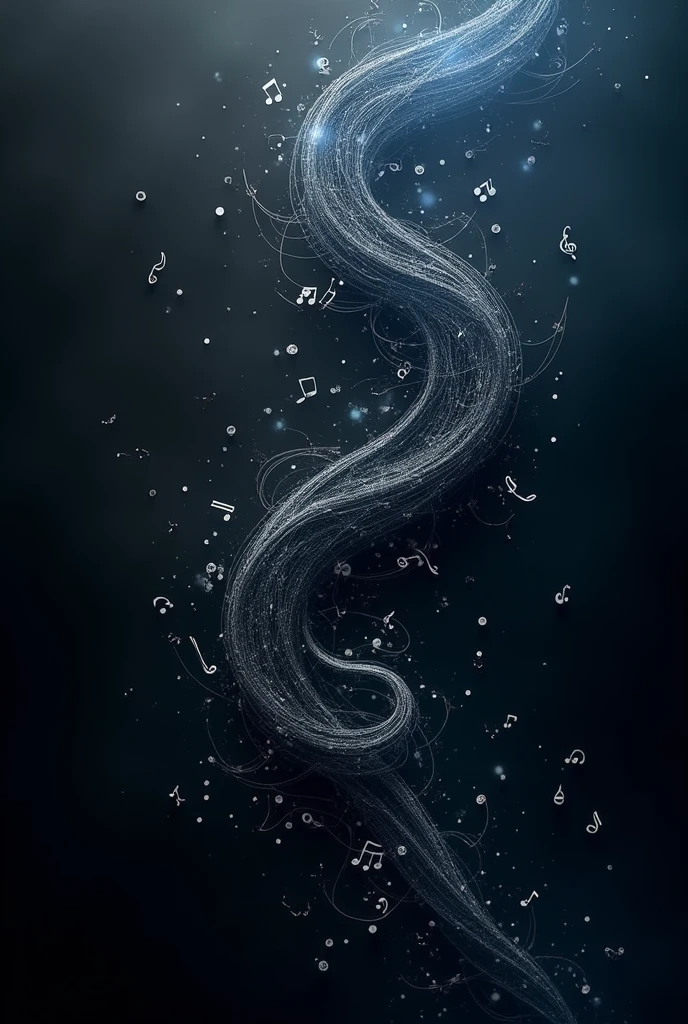 A dark, elegant background with a black left side transitioning to dark blues on the right. The right side of the image should feature intricate, swirling patterns musical notes. These musical elements should maintain the same flow and arrangement as the original design, with a subtle gradient of white to gray as they blend into the background, with a clear focus on the right side.