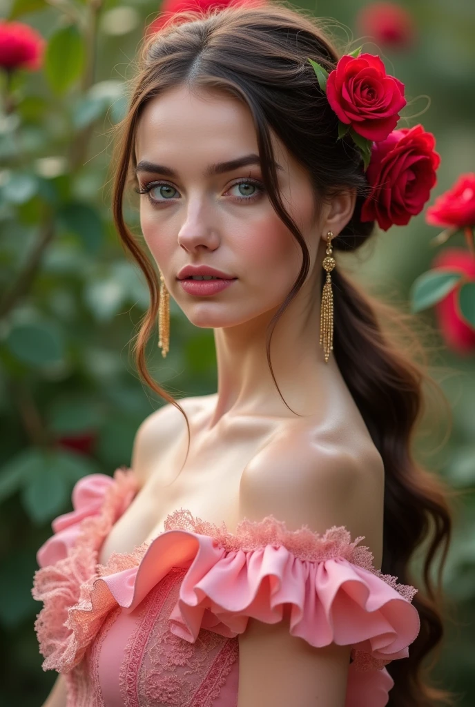 Woman  Jennifer connelly Young  20 años model long hair Brow moño con rosa roja en el cabello n blue eyes dress  Pink ballet flamenco  sevillana  volantes encaje  Pink  pendientes largos dorado in park garden roses 