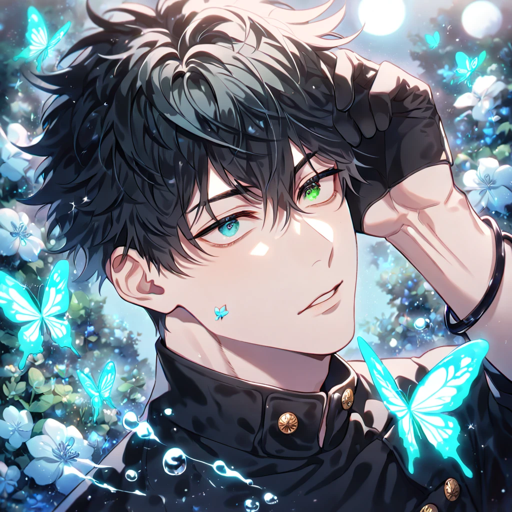 absurdres, highres, ultra detailed, HDR) master piece, best quality, extremely detailed, detailed eyes, delicated features, Kang Woojin, black hair, messy hair, heterochromia, expressive right eye red, expressive left green eye, hair between the eyes, Love Jinx, solo, sexy man, handsome, manly man, sensual, adult face, jujutsu Kaisen uniform, black uniform, high collar, black gloves, black bracelet, fantasy, magical, glittering, water, blue flames, blue moon, blue flowers, blue butterflies, garden, Jujutsu Kaisen