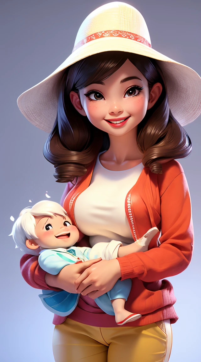 Girgeous , simple , lovely asian woman . So much love to her beautiful grandchildren ,  2 years boy and 6months girl. The boy lovingly hug his grandma and the girl is smiling. They all wear white clothes. Charming , warming , peaceful , happily they are.