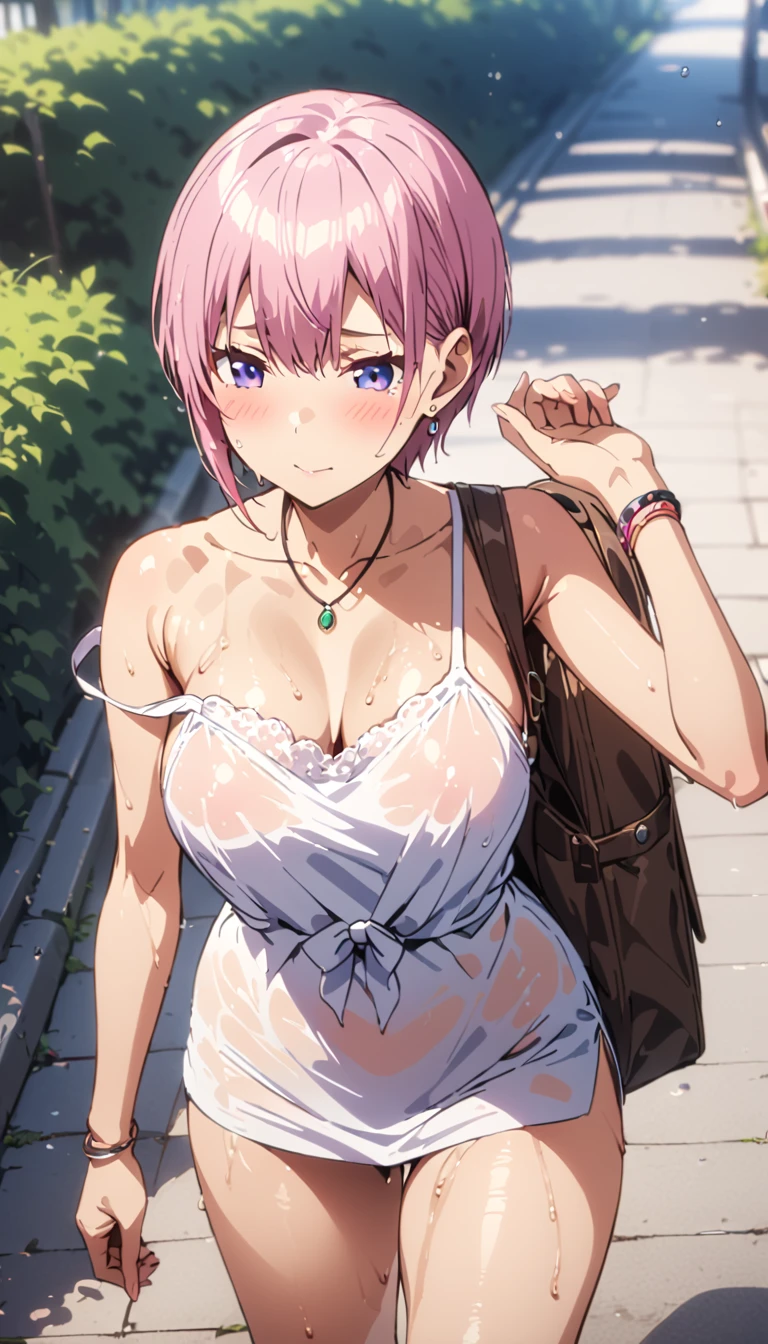 (Highest quality, 4K, 8k, High resolution, masterpiece:1.2), Very detailed, Picturesque, Animated Photography, Photo Animation:1.37)、after the rain、Japanese girl、(Pink Hair)、(Pixie Cut)、wet white camisole dress、strap slip、strap less bra、wet hair、Earrings、necklace、bracelet、Carry a backpack、white mule、Nakano Ichika
