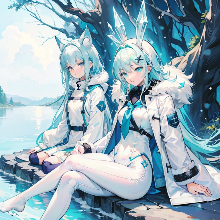 Teenage Girls in Anime, ((((White and blue winter coat with fur)))), (((Long Light (Shine) Aqua Hair))), ((hair accessory)), ((Iris)), (((Ice cap on the head))), (smile), Pale skin, head, shoulder, Mid-chest, arms, hand, Medium Waist, feet, Medium thighs, cute, Blue stripes on dress, ((白いhand袋を着用)), ((((Sitting by the river)))), Severe, Cinematic Light, High resolution, Highest quality, Super detailed, Detailed face, (Detailed eyes), Highest quality, Super detailed, masterpiece, (Detailed face), Beautiful face, Detailed eyes, (((裸feet))), (((White transparent tight pants))), (((feet and thighs dipped in water))), (((太陽がShine)))