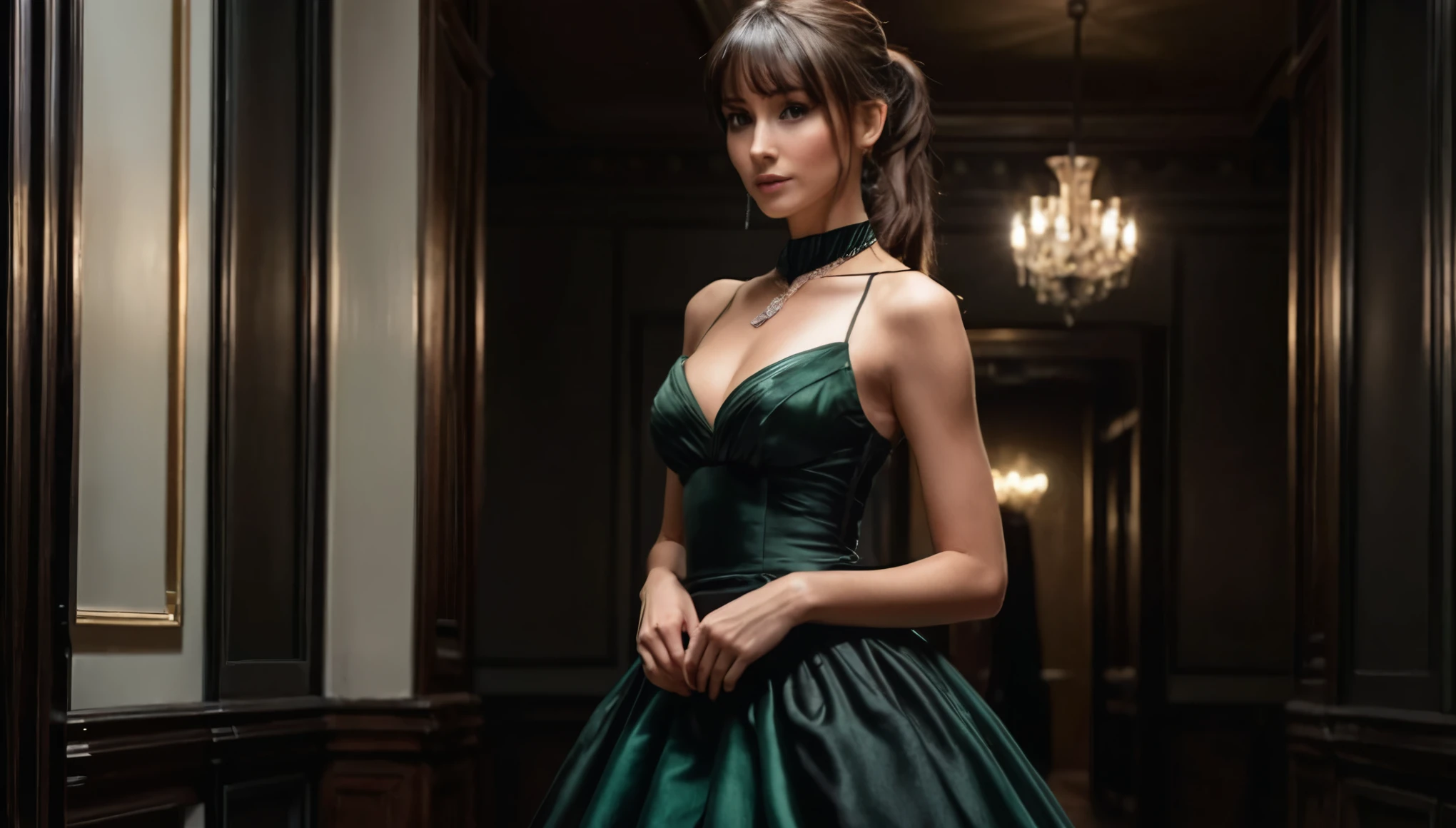 1 person, Caucasian female, 30 years old, slim waist, very tiny breasts, medium thighs, small stomach, beautiful black ball gown, Brunette, ponytail with split bangs, detailed face:1.5, diamond necklace, dark green eyes, elegantly standing, perfect face:1.5, 4k, ultra realistic