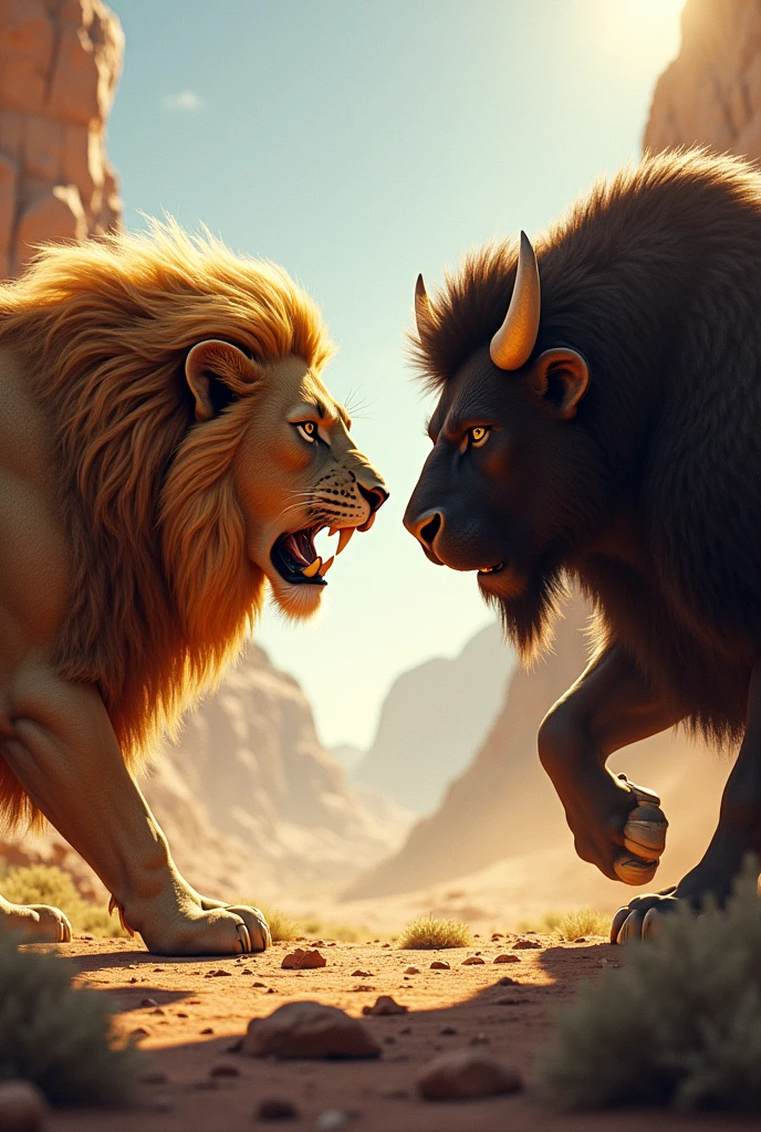 A ferocious lion talks to a big bull.
