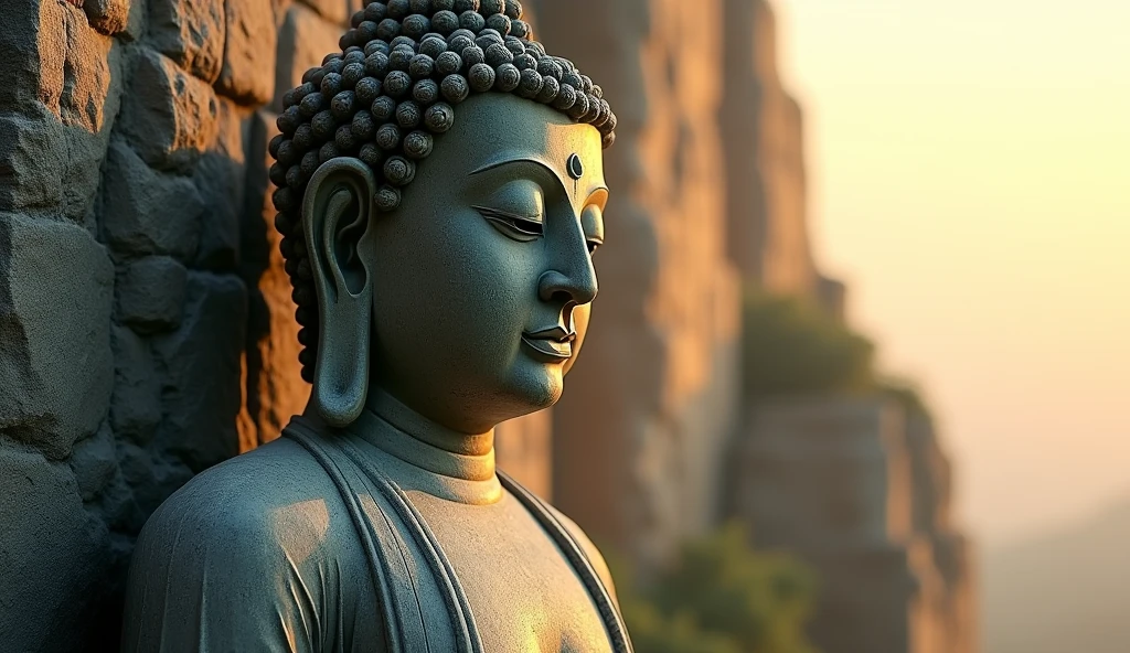 Buddhist statue, stone, texture, expensive, Majestic, The background is illuminated by sunlight.,Inverted Image,side