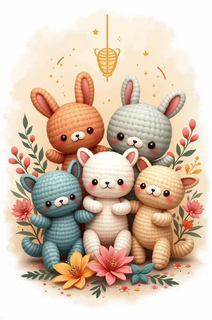 Logo with amigurumi, cards, flowers and title details of the affectionate