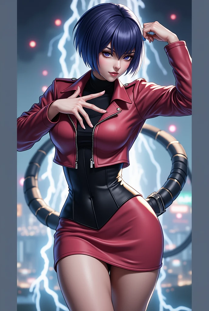(at night), alone, in a video game scene a background of a beautiful city during the day raining, Standing at attention, purple hair, Lightning behind her, A lightning bolt coming out of his hand ((purple hair)), 1 girl, alone, 20 years, young woman, perfect hands, beautiful and perfect fingers, long beautiful legs, perfect legs, beautiful body, beautiful nose, beautiful character design, perfect face, He looks at the spectator with a serious expression and in a standing position he attacks. (focusing on his face), Closed mouth, light_smile, official art, Extremely detailed CG unity 8k wallpaper, perfect lighting, iluminación frontal brillante y Colorida, shiny skin (masterpiece: 1.0), (better_quality: 1.0), ultra high resolution, 4k, ultra detailed photography, 8k, HdR, High resolution, Disparates: 1.2, Kodak photo 400, film grain, blurred background, bokeh: 1.2, Lens flare, (Vibrant_Color:1.2), Professional photography, (beautiful_face : 1.5), (narrow waist),
