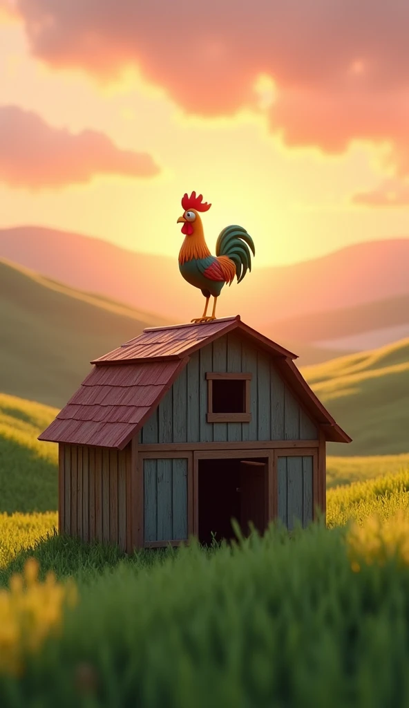 Draw a small rooster with orange and green plumage on the roof of a large farm barn. The farm should be picturesque and detailed, with green fields and a sunrise sky with soft orange and pink tones, in a 3D animated style.