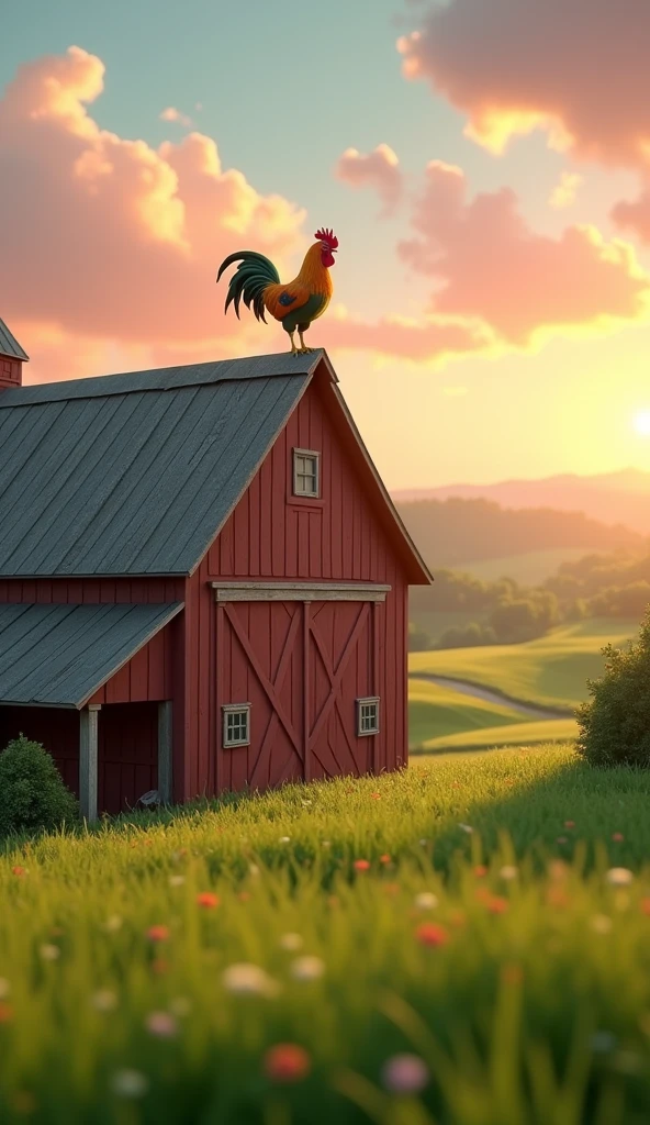 Draw a small rooster with orange and green plumage on the roof of a large farm barn. The farm should be picturesque and detailed, with green fields and a sunrise sky with soft orange and pink tones, in a 3D animated style.