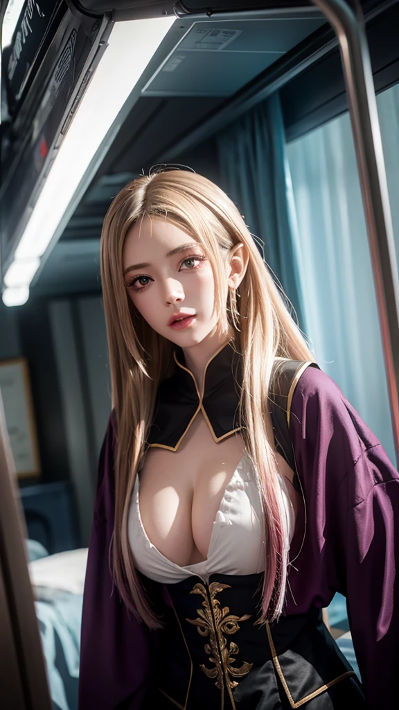 Female Dark Elf, 1 girl, mature woman, masterpiece, Elf Queen, lover, Goddess, realist, long white hair, white eyebrow, yellow eyes, thin lips, round face, huge breasts, realist shading, soft lightning, HdR, 8k, absurd, high quality, crazy detail, body accessories, elegant, Wallpaper
