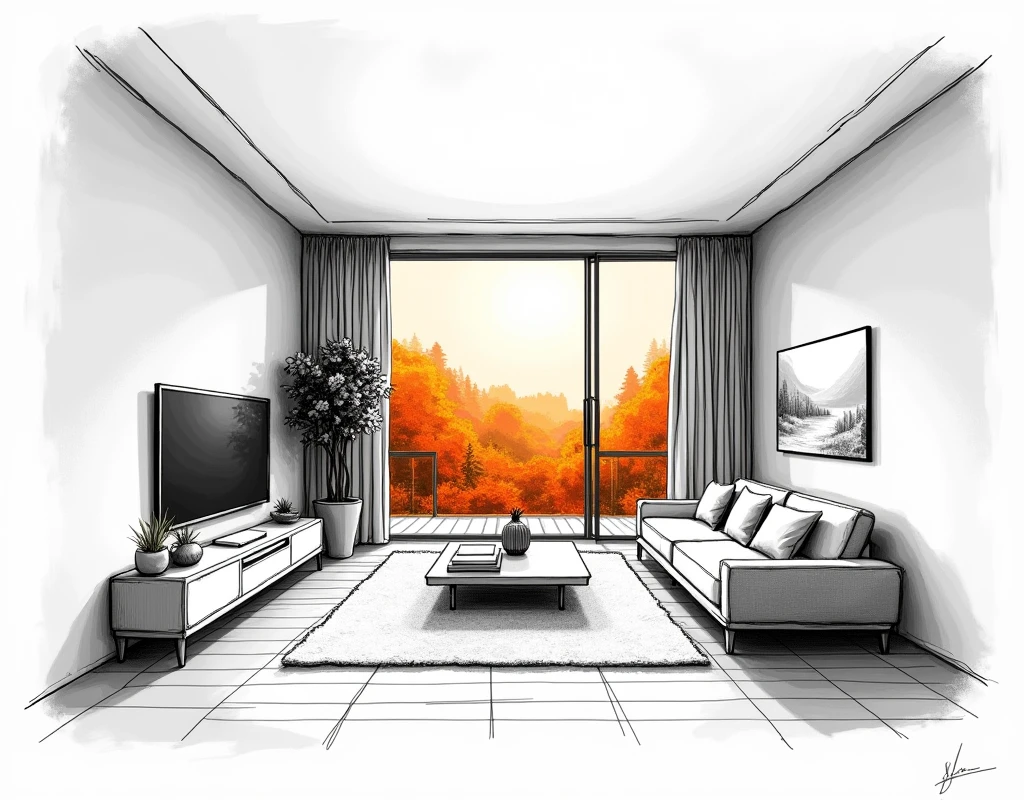 ((best quality)), ((masterpiece)), ((realistic)), A hand-drawn interior design sketch of a living room, featuring a window with a colored landscape outside. The light streaming through the window is orange, while the rest of the sketch remains in black and white.