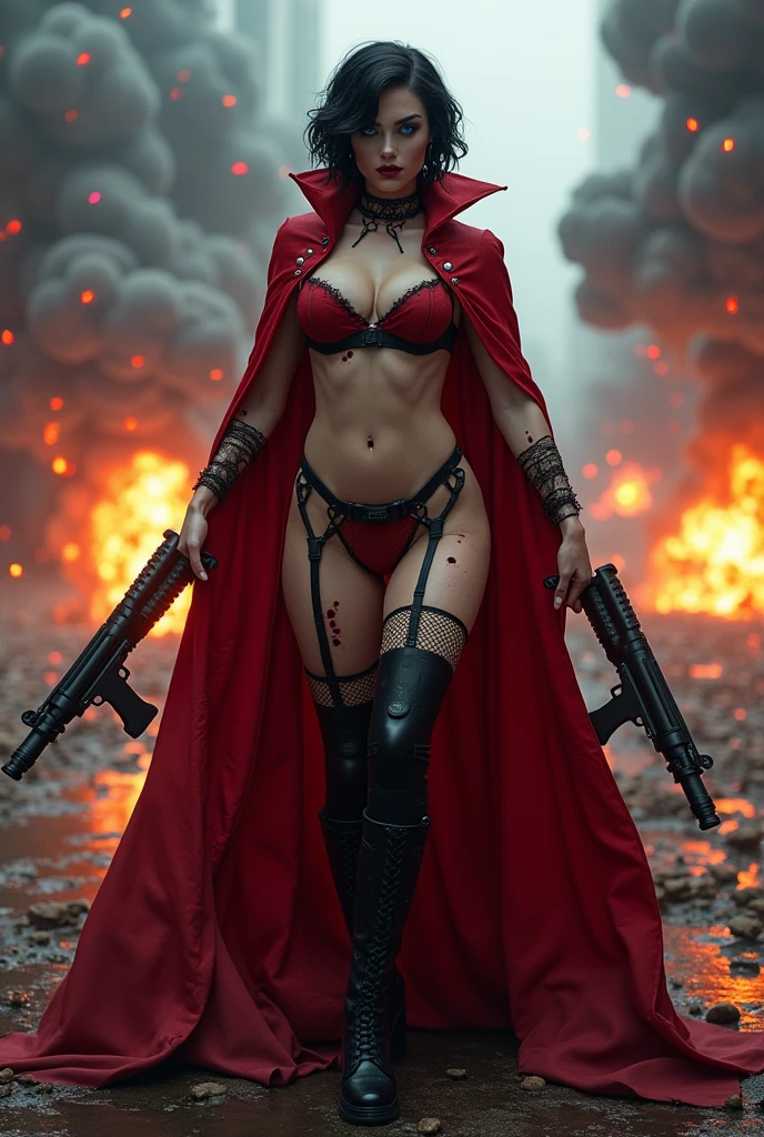 Dark short haircut blue eyes vampire gothic girl panties stockings big tits big butts sexy lingerie cape goes through a fire flames of fire her whole body is full of fire without burning and grenades explode in her breasts panties stomach legs and head