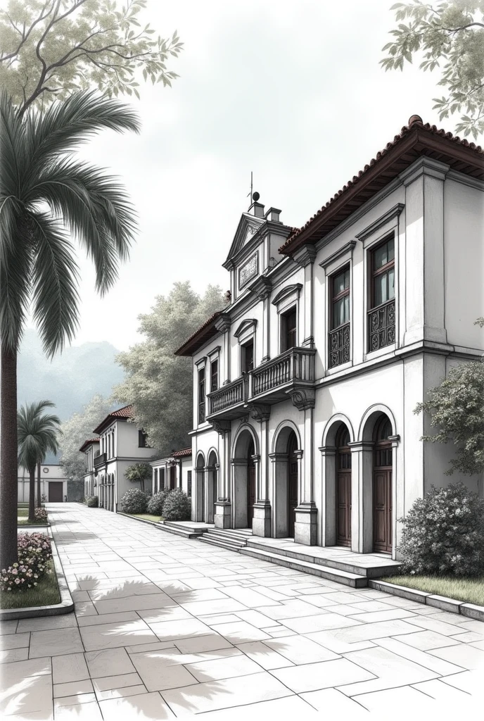 Freely make a representation of some representative Colombian building using one, two or three vanishing points, describe the drawing reference.  Can you make it a little simpler for me to capture it on a sheet of paper freehand? 