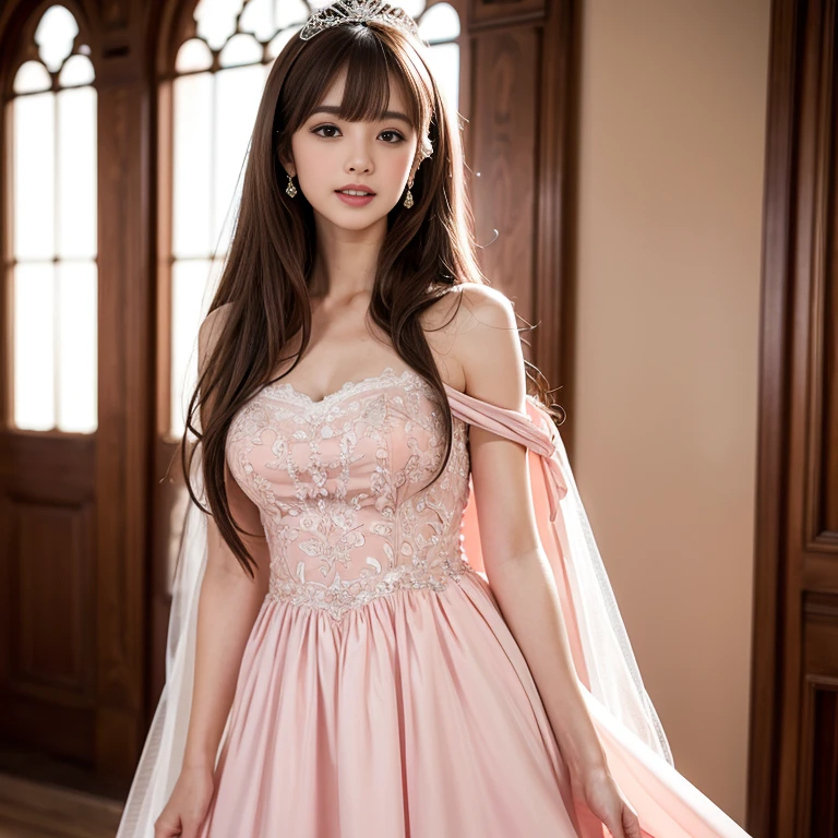 laughing out loud,(knee shot), 1 girl, light brown hair, blunt bangs, hair behind ears, Hair over the shoulders, long hair, Slender body type, Super thin face, face slimming, delicate lips, beautiful eyes, Thin blush, Eyes are light brown,Check it out here, (realistic:1.3), 8k, , Super detailed, high quality, best quality, High resolution,Wear pink wedding dress,Wear a big dress,wear princess dress,Wear a wedding dress,fairy princess dress,in the castle,Wedding ceremony