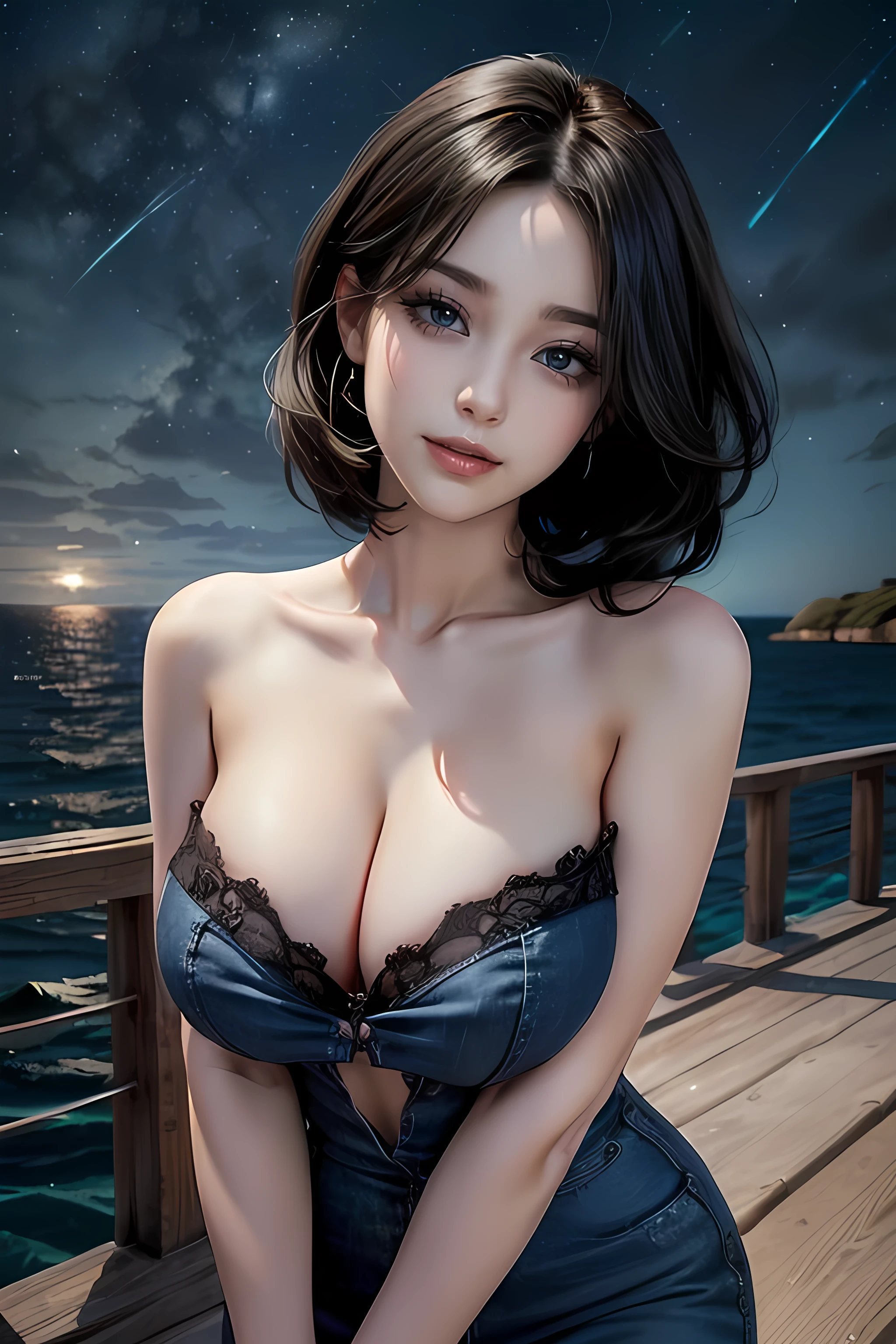 ((masterpiece,best quality, detailed)), cowboy shot, (1girl:1.2), solo,((35 year mature woman)), extremely realistic female eye,((blue eyes))((red lipstick)),((woman in makeup))short hair, black hair,((Very Intense Makeup))(seductive smile:1.3), huge breasts, standing, looking at viewer, (sea:1.3),(starry sky:1.3)