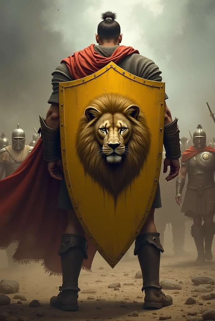 Warrior from behind with yellow shield with a lion's face in the center