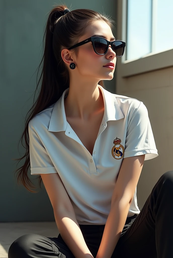 Could you give me a profile picture for Whatsapp theme: a girl with black hair high ponytail and black sunglasses, with the shirt of (Youtuber e streamer auron play) Make it look realistic, full body in a cool position like sitting on the floor or leaning against a wall without bracelets and put a Real Madrid polo on her , with round black earrings 