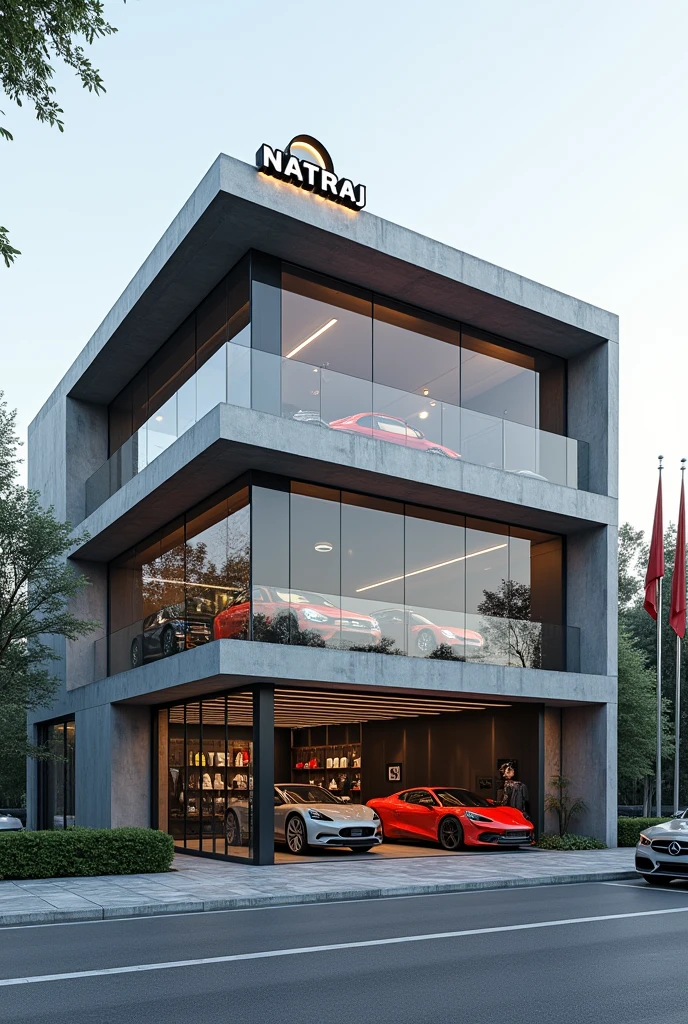 ek badisi car modification shop ho jiske 3 floors hao building ka pura elevation aesthetic cement se bana ho niche left me ek puri glass me office ho jaha car ki seats display kari ho bichme car ko andr lejaneka rasta ho aue right me ek glass ke andr sport car display kari ho bahar right me sports flags ho left me niche glass ho chalne ke liye marbles ho building ke upar the natraj seat cover likha ho “ generate a photo