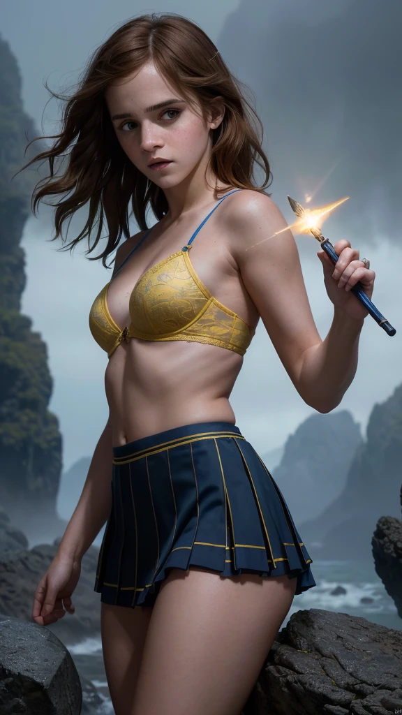 An illustrated movie poster, hand-drawn, full color,(Emma Watson:V2.1 ),( a age Hogwarts student:1.4) ,(bikini blue Camisa blanca corbata y chaleco) ,(estilo encaje lingerie yellow :1.4), (falda student corto plomo :1.4), (hogwarts school uniform:1.4), 18-years-old, female, wearing a charcoal vest and a pleated skirt, athletic hourglass figure, full wide hips, massive round butt, long shapely legs, ridiculously thick powerful thighs, vibrant eyes, deep dark auburn hair, thick shaggy bangs, flushed sun-kissed complexion, freckles, resembles Genevieve O'Reilly, standing in a foggy Hogwarts courtyard, surrounded by mist, graphite shading, stencil marks, airbrushed acrylic paint, masterpiece, close-up shot, in the style of the Deathly Hallows, high quality, (RAW photo, best quality), (realistic, photorealistic: 1.4), (extremely delicate and beautiful: 1.4), amazing, fine details, masterpiece, ultra detailed, high resolution, best illustration, best shadow, intricate, ( extremely intricate: 1.2), (exquisitely detailed skin), cinematic light, perfect anatomy, (cool color: 1.4), sharp focus, 8k UHD, DSLR, (Fujifilm XT3),(iluminación cinematográfica :1.4),( Hermione Granger:1.4), (Emma Watson: V2.1), (ojos de Emma Watson:1.5), (hogwarts school uniform:V2.1),( pose americano :1.4), (estilo cinematográfico :1.4), (efectos cinematográfico :1.4), (colores cinematográfico), (beautiful landscape with colorful sea rocks, magical lighting, detailed hard ttiti, and boob milk:1.4 ), (partículas flotantes, agua mágica:1.4)