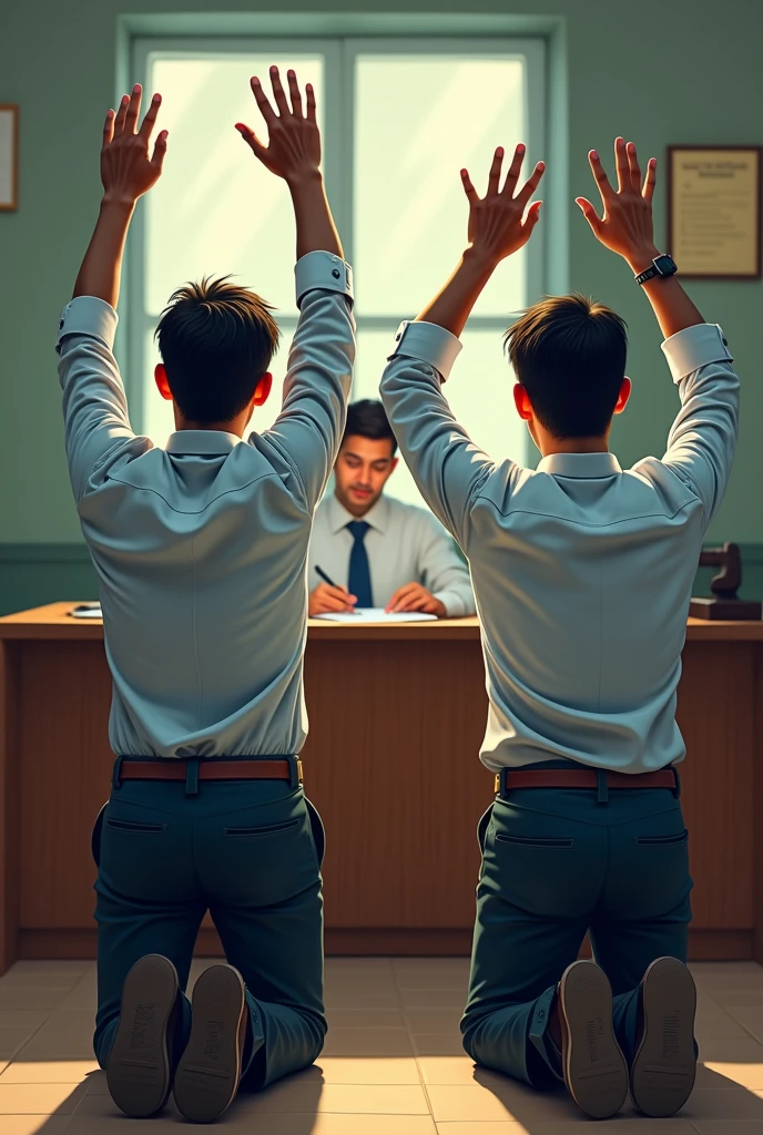 Two 19year indian boys wearing shirt long sleeve with tie and fashionable buckle belt is kneeling straight in the near in the principal's office opposite to the principal's table and princpal is doing some paoer work boys hands raised straight high up above his head with tired looking and hands paining 