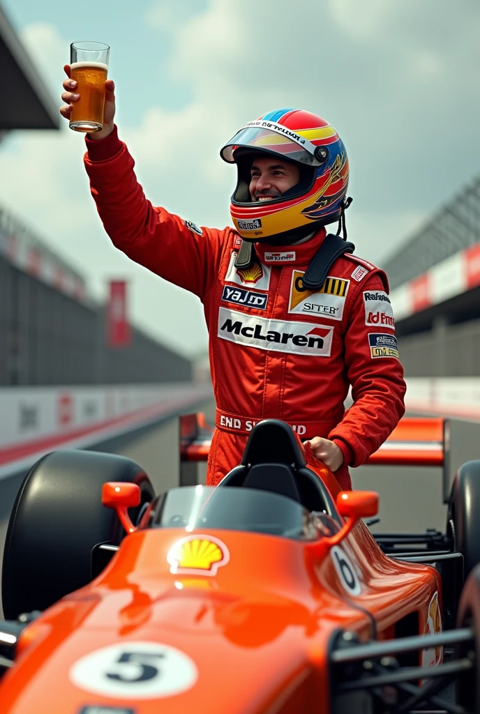 Create an image of Ayrton Senna drinking a beer "cheers" next to the McLaren