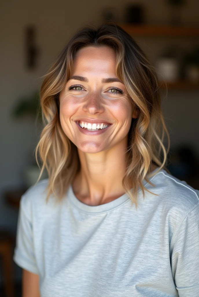 A casual and relaxed image of a 40-year-old woman to use as a profile photo on social media. She is in a casual setting, like a cafe or a park, smiling naturally. The woman has loose, slightly wavy hair., and wear a comfortable and casual t-shirt in a neutral color, like light gray or white